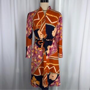 Vintage 1960S 1970S Mod Psychedelic Dress ILGWU Union Made Front Zip Belted